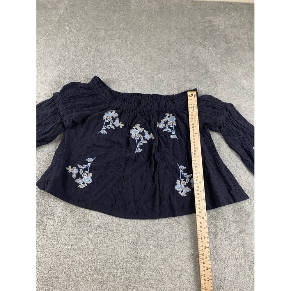 SHYANNE Black Off The Shoulder Embroidered Floral Crinkle Blouse Top Size M - Picture 6 of 11